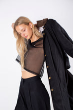 Load image into Gallery viewer, THE MARFA DUSTER: BLACK LINEN + BEIGE COTTON STRIPE